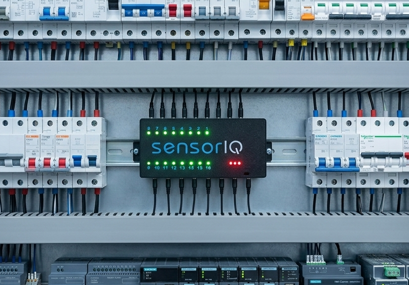 Komputer pomiarowy SensorIQ — widok z góry, zbliżenie na urządzenie zamontowane w szafie sterowniczej