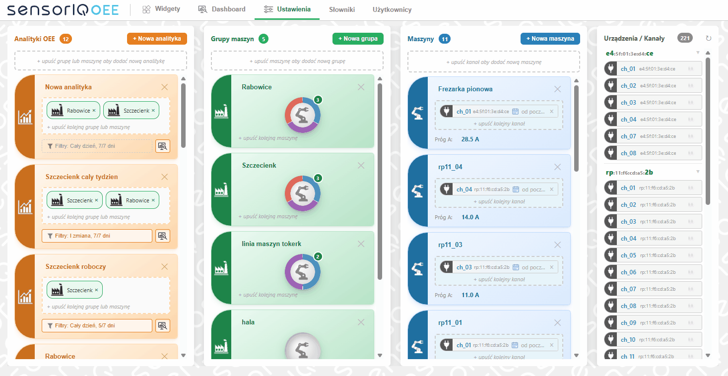 SensorIQ — ustawianie wag maszyn